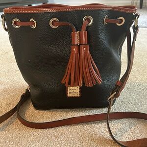 Dooney & Bourke Vintage Navy Bucket Bag, Brown and Black with clip for wallet.